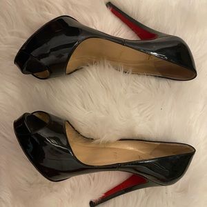 Black Patent Peep-Toe High Heels with Red Sole - Women Shoes